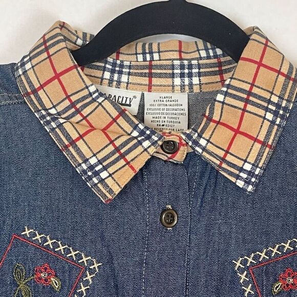 Vintage Embroidered Shirt Denim Blue Plaid Collar Button Front Long Sleeve XL - Picture 1 of 16